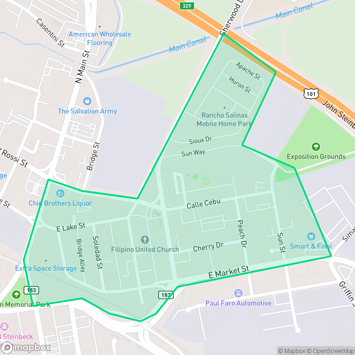 Map showing the location of Chinatown, Salinas, CA