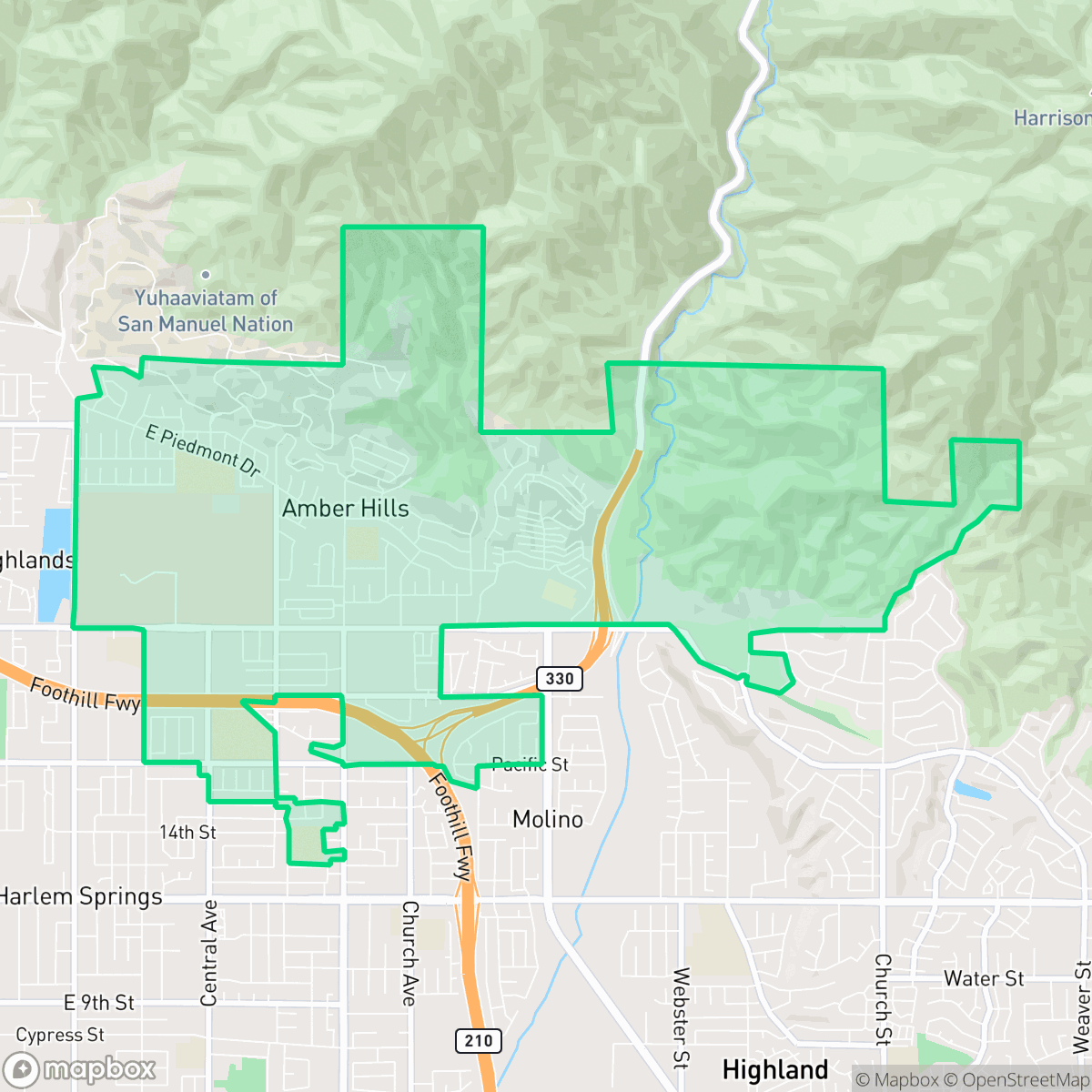 Map showing the location of Amber Hills, San Bernardino, CA