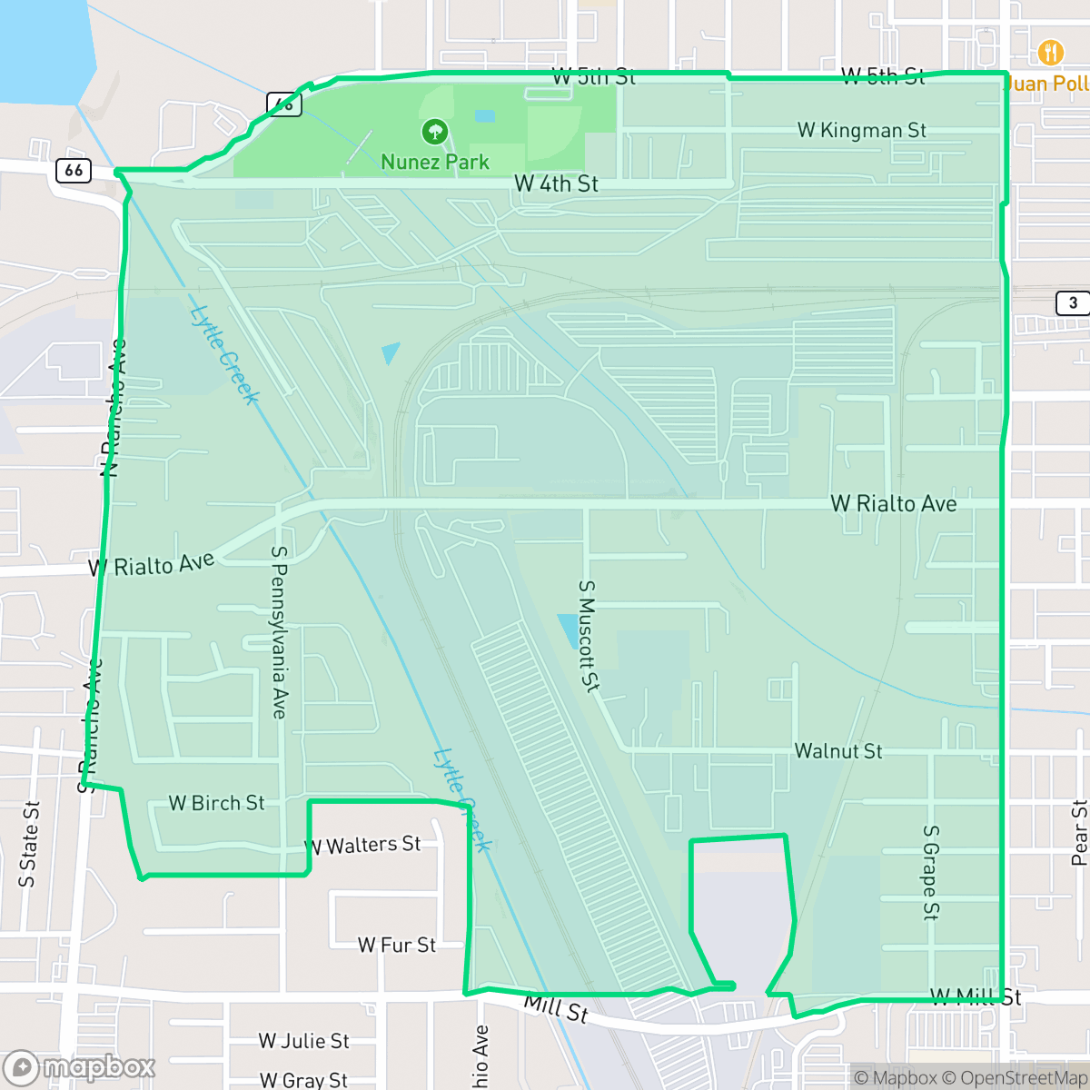 Map showing the location of Amtrak, San Bernardino, CA