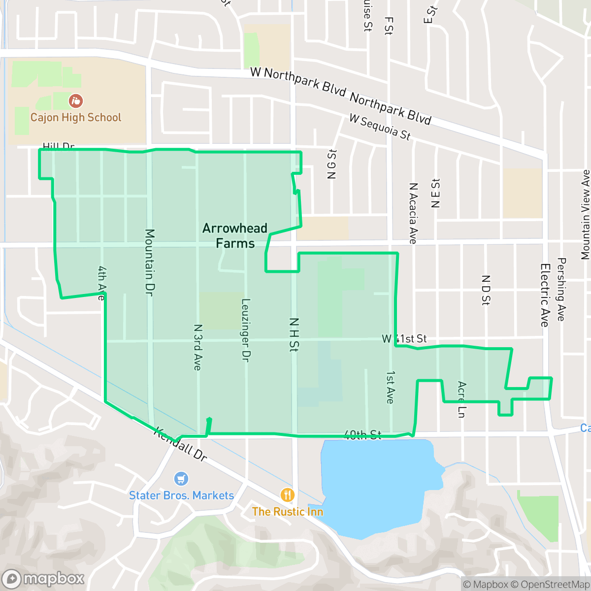 Map showing the location of Arrowhead Farms, San Bernardino, CA
