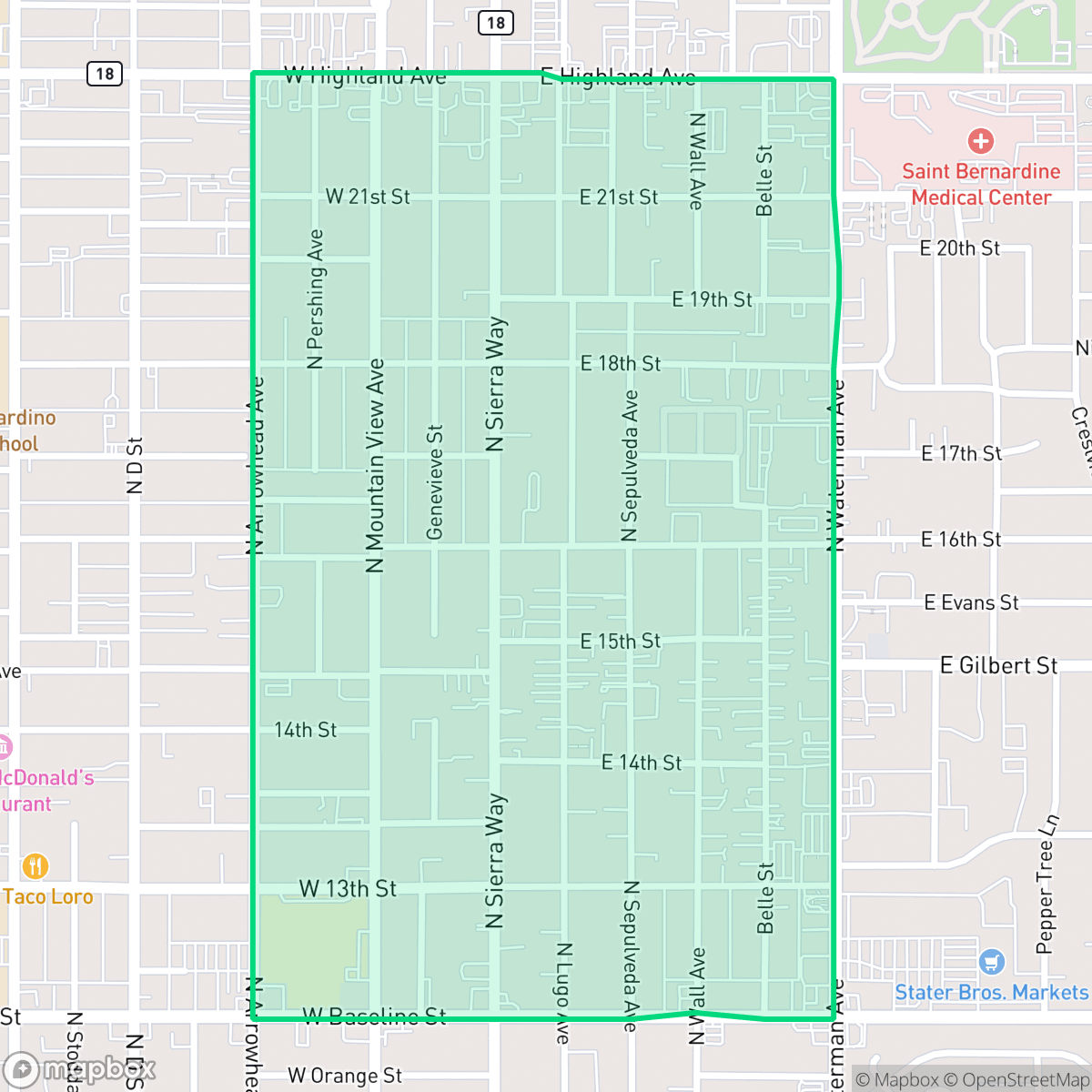 Map showing the location of DMV, San Bernardino, CA