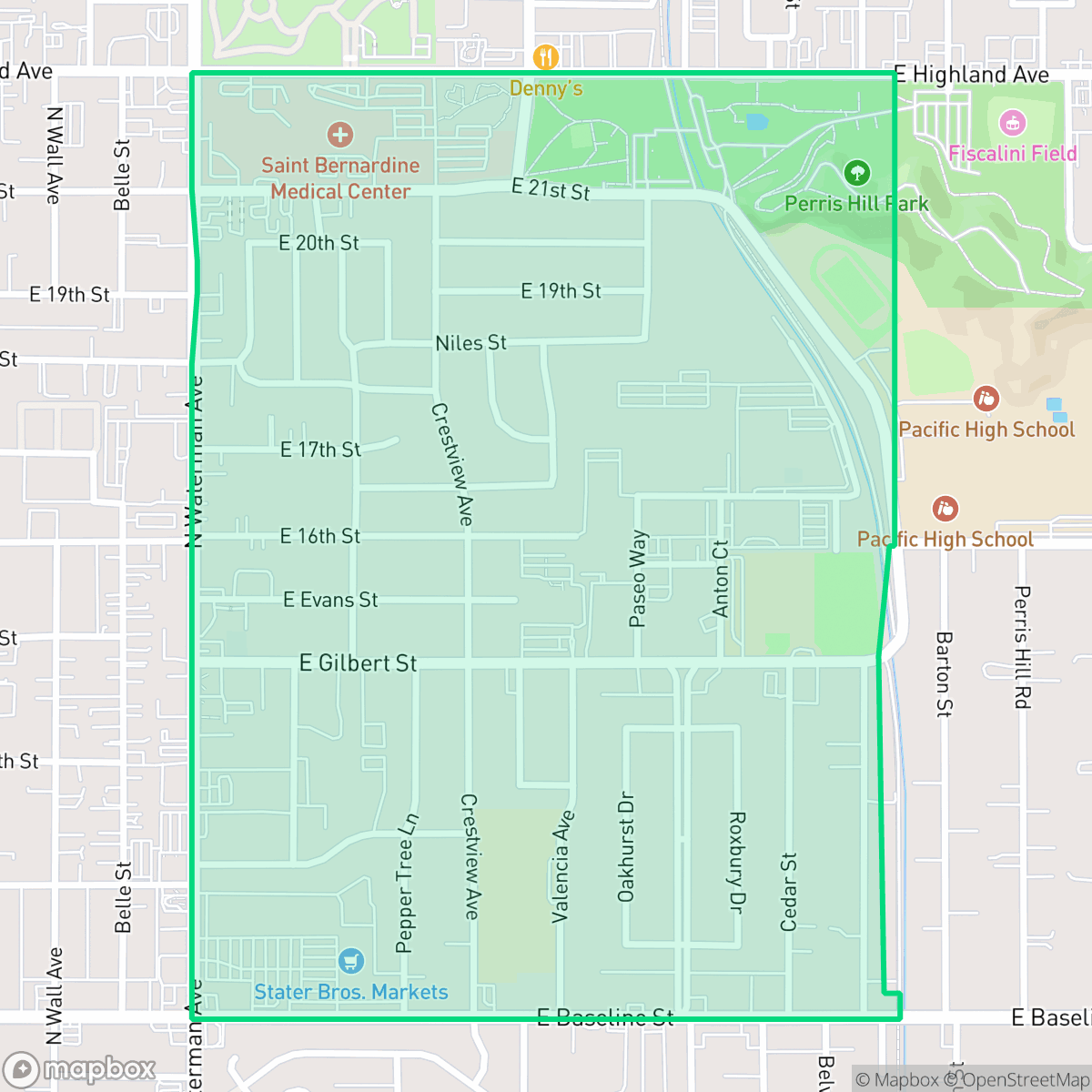 Map showing the location of Perris Hills, San Bernardino, CA