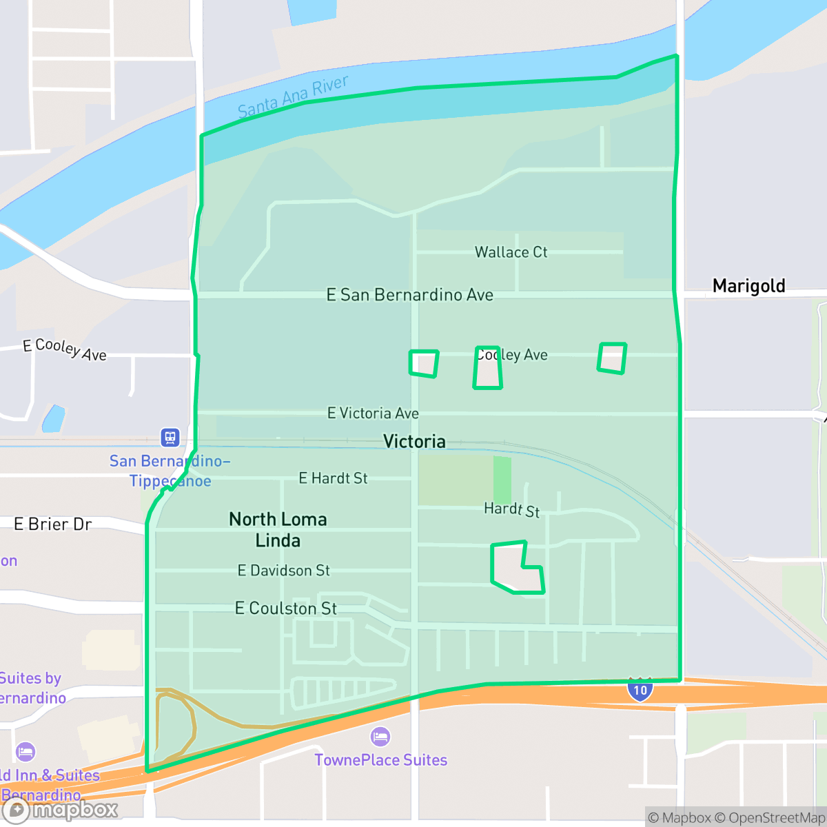 Map showing the location of Riverview, San Bernardino, CA