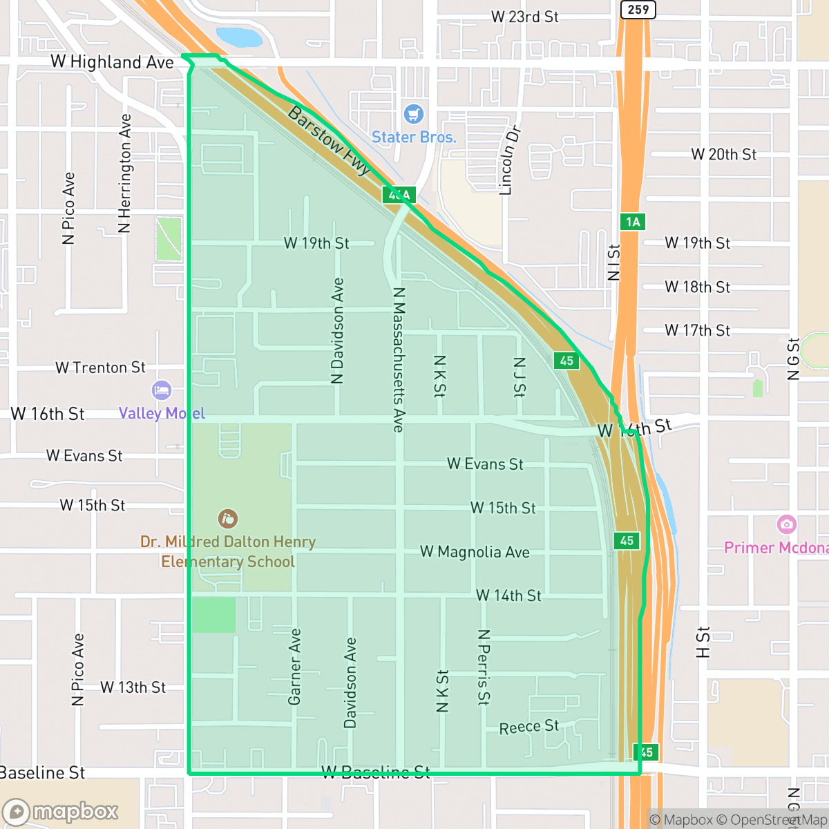 Map showing the location of Roosevelt, San Bernardino, CA