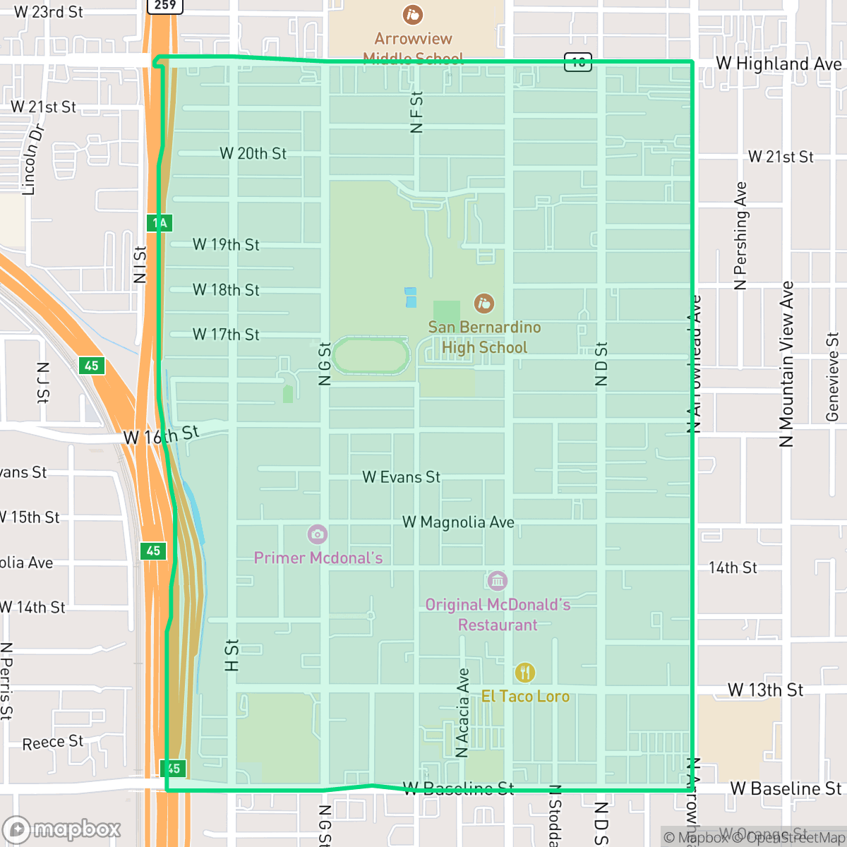 Map showing the location of SBHS, San Bernardino, CA