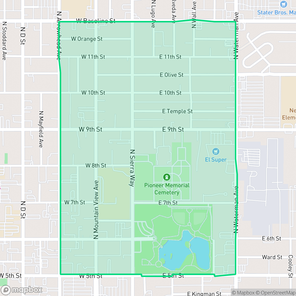 Map showing the location of Seccombe Lane, San Bernardino, CA