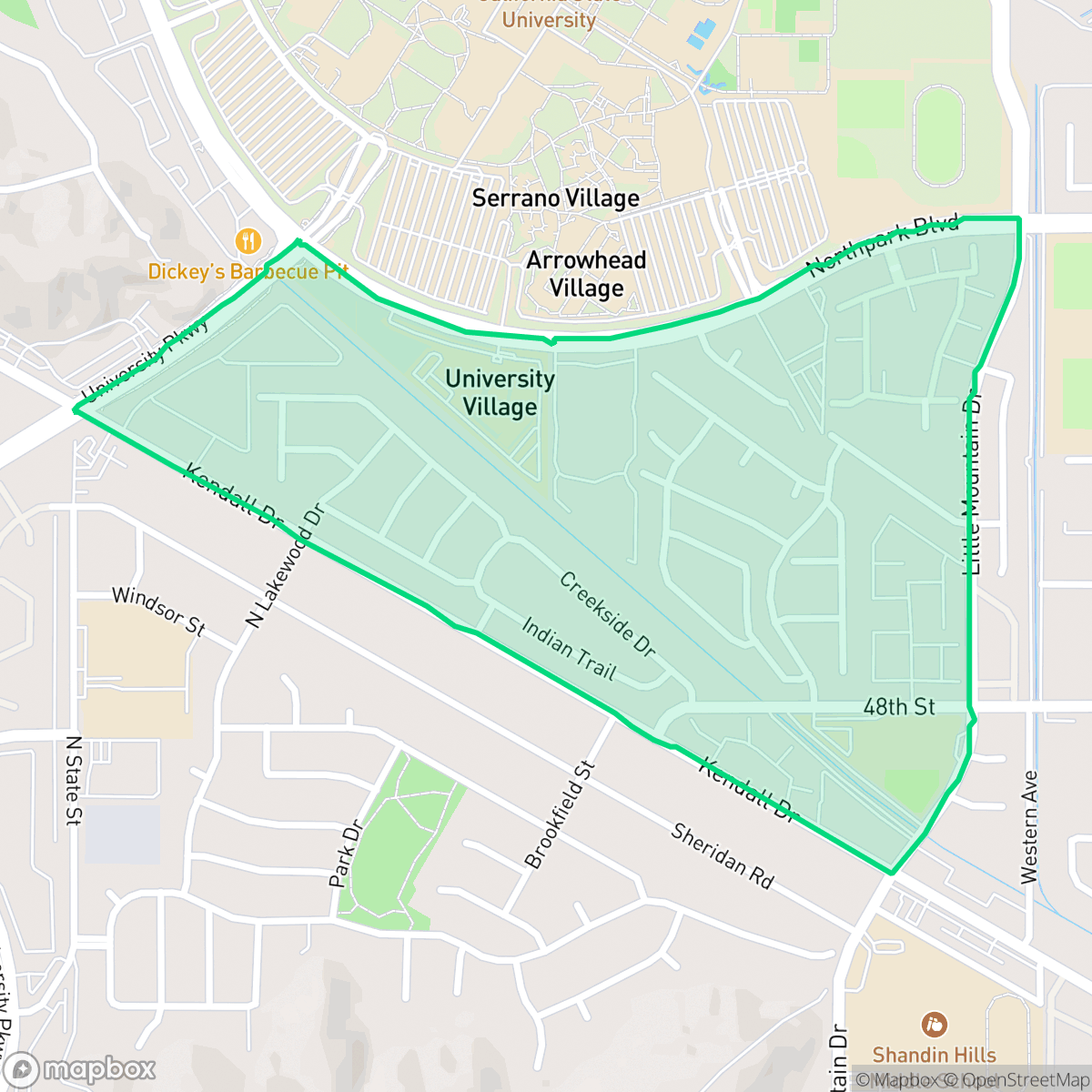 Map showing the location of University, San Bernardino, CA