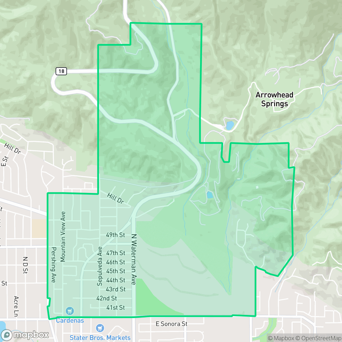 Map showing the location of Wildwood Park, San Bernardino, CA