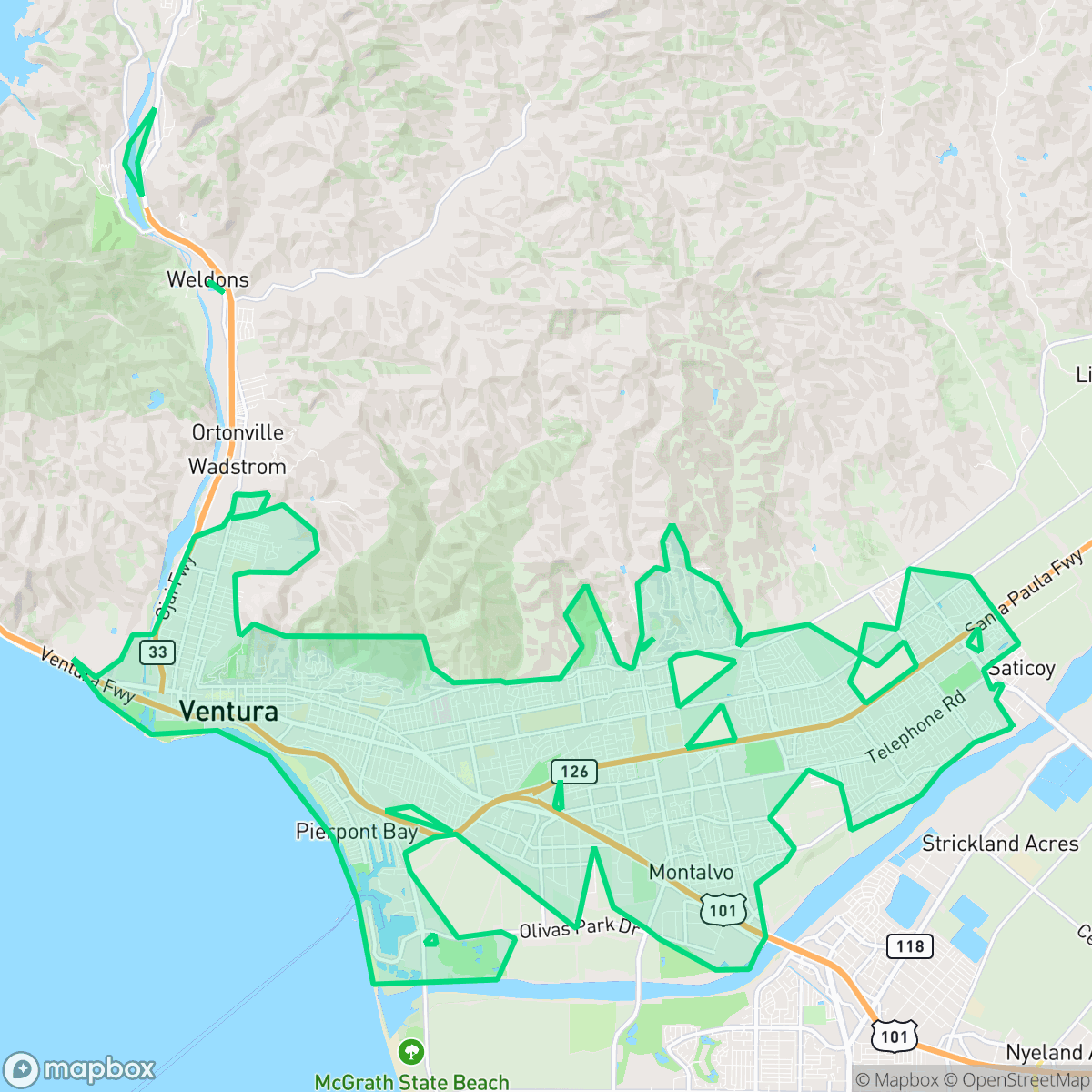 Map showing the location of San Buenaventura (Ventura), CA — coverage area