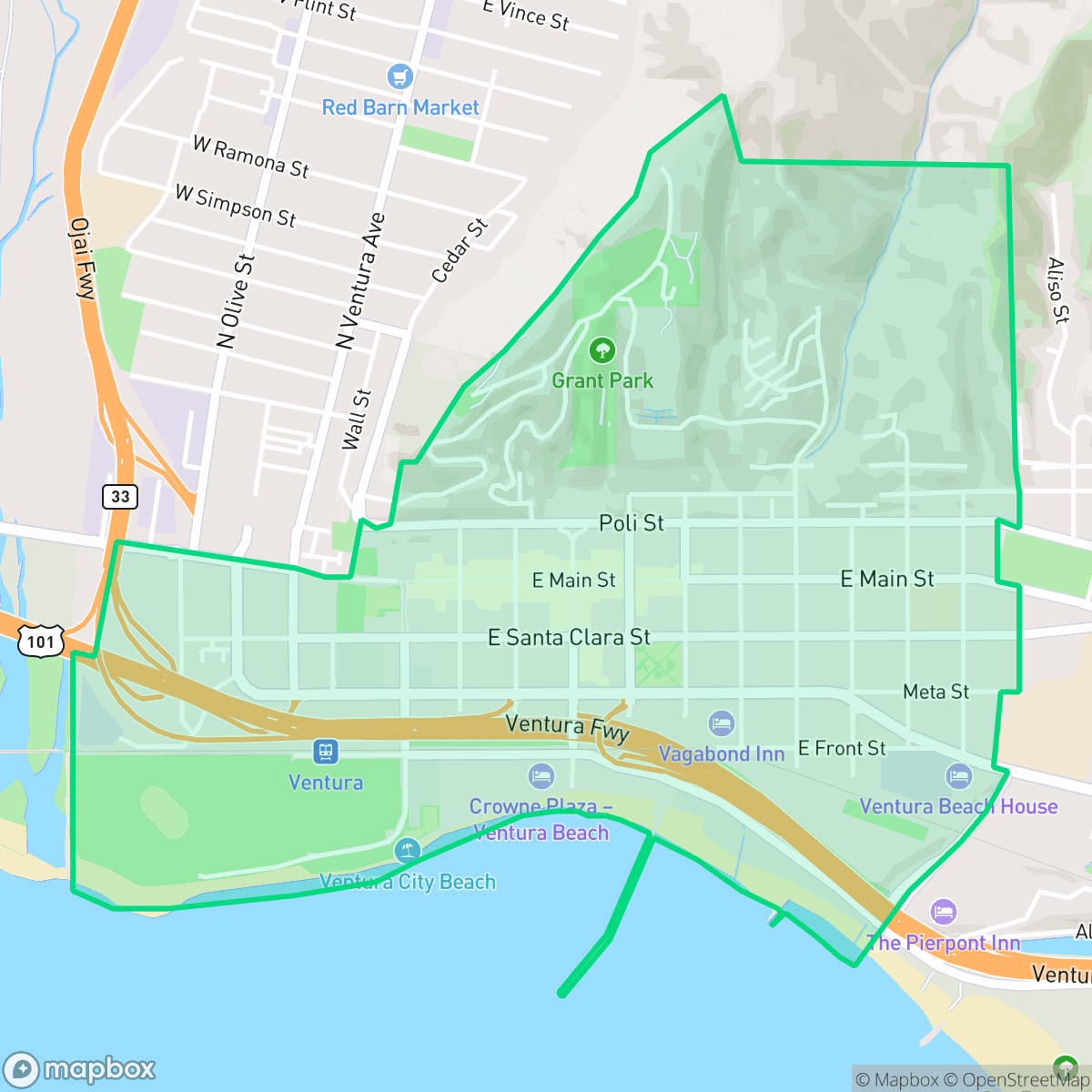 Map showing the location of Downtown, San Buenaventura (Ventura), CA