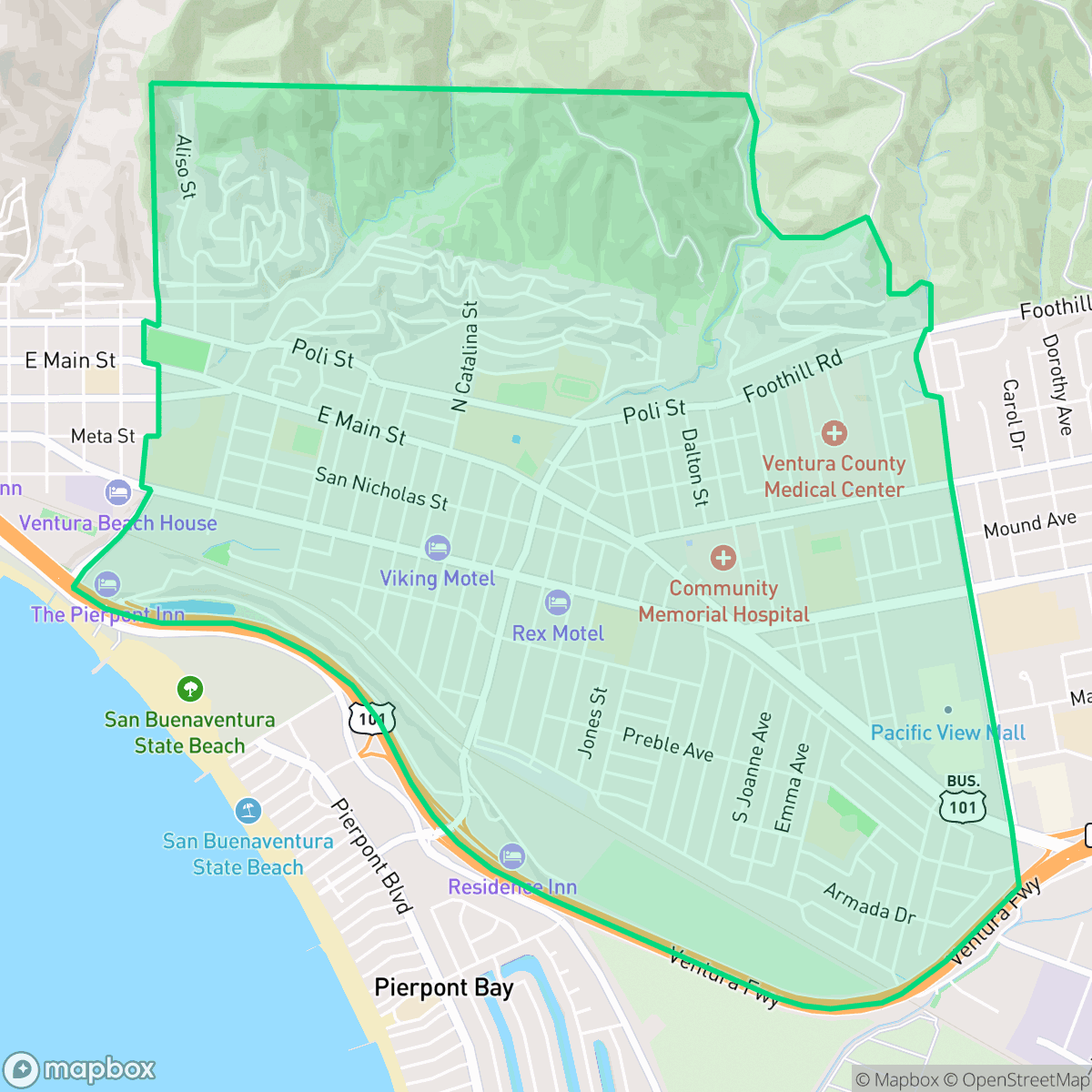 Map showing the location of Midtown, San Buenaventura (Ventura), CA