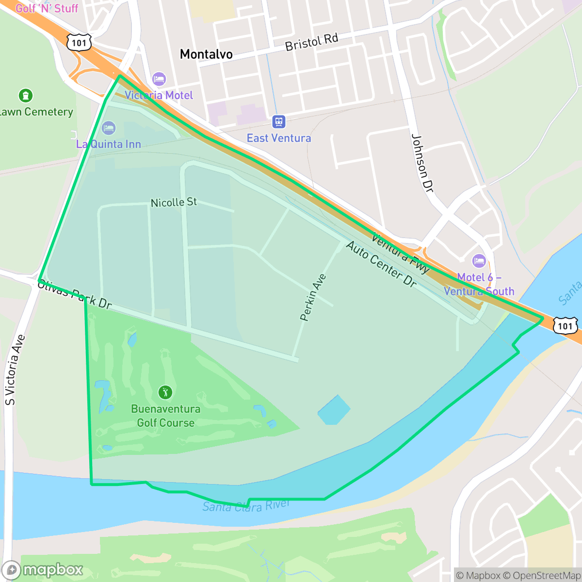 Map showing the location of North Bank, San Buenaventura (Ventura), CA