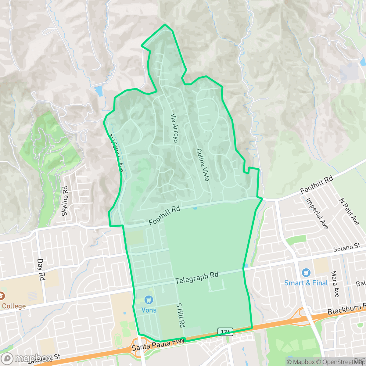 Map showing the location of Poinsettia, San Buenaventura (Ventura), CA