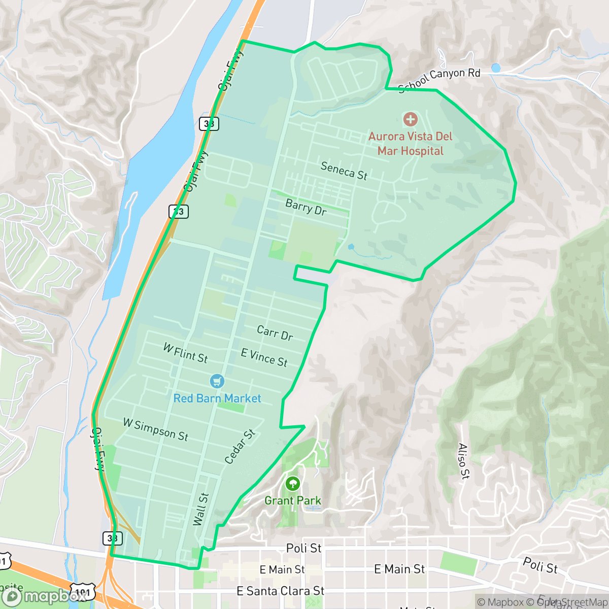 Map showing the location of The Avenue, San Buenaventura (Ventura), CA