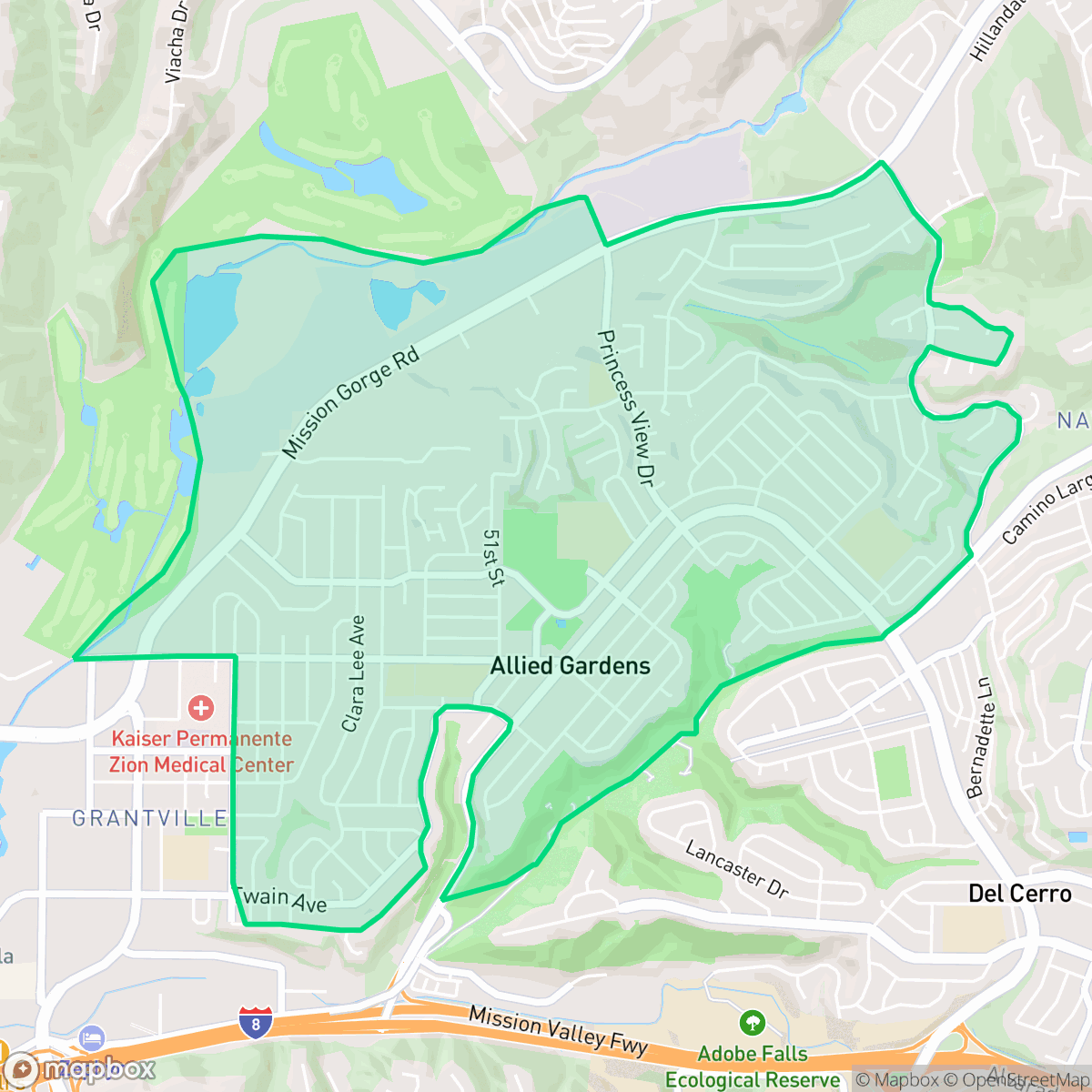 Map showing the location of Allied Gardens, San Diego, CA
