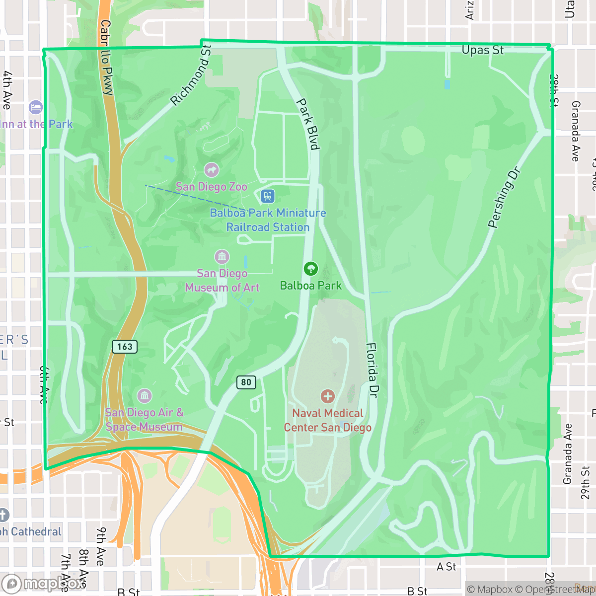 Map showing the location of Balboa Park, San Diego, CA