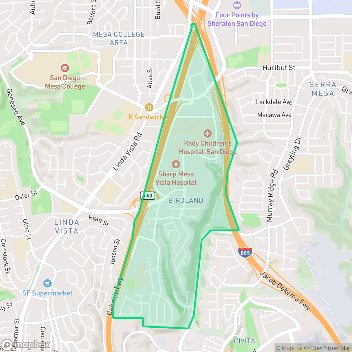 Map showing the location of Bird Land, San Diego, CA