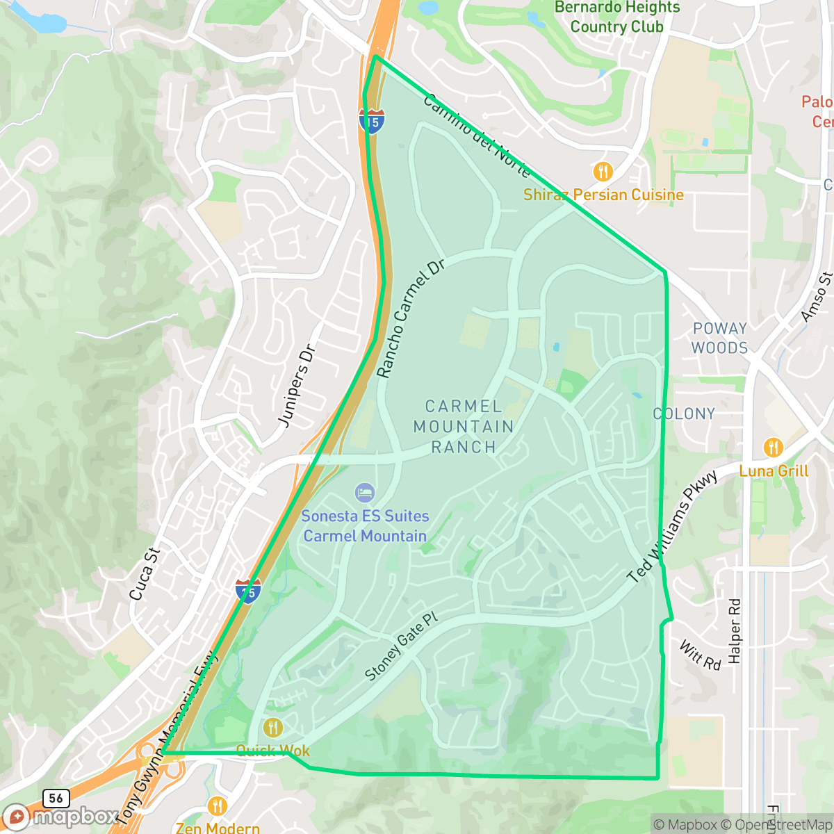 Map showing the location of Carmel Mountain, San Diego, CA