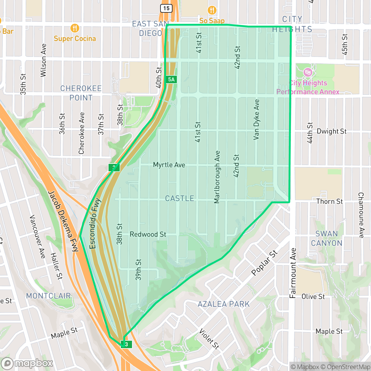 Map showing the location of Castle, San Diego, CA