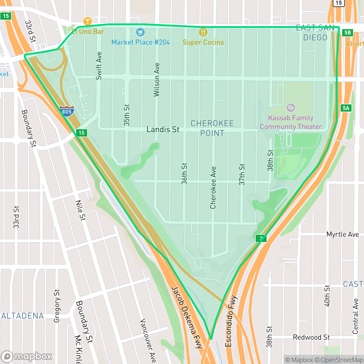 Map showing the location of Cherokee Point, San Diego, CA
