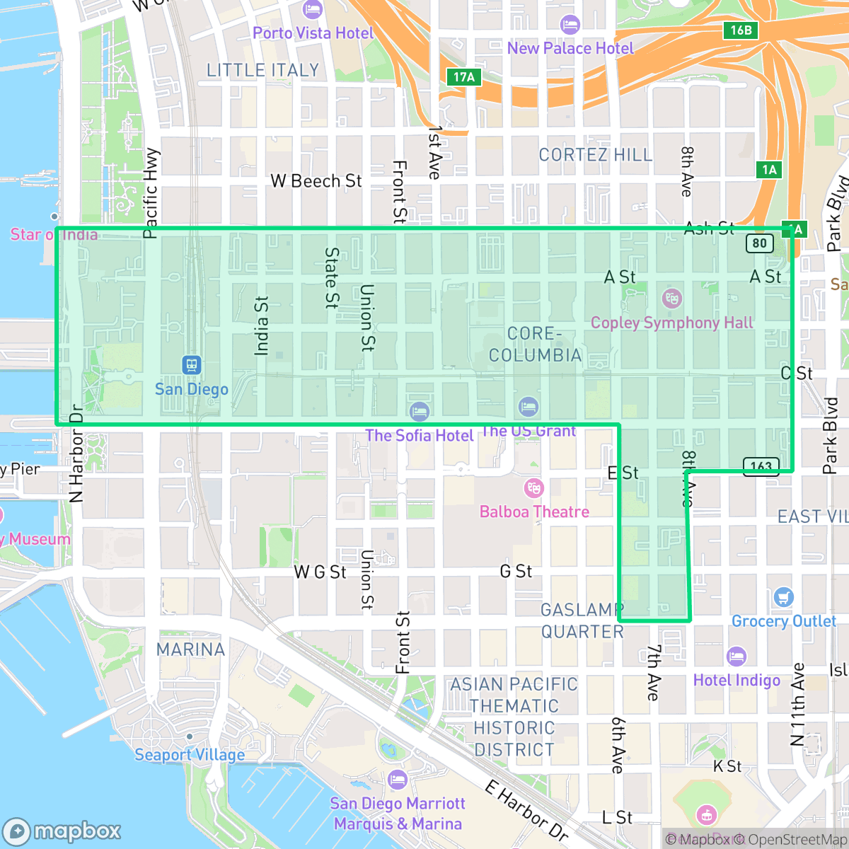 Map showing the location of Core-Columbia, San Diego, CA