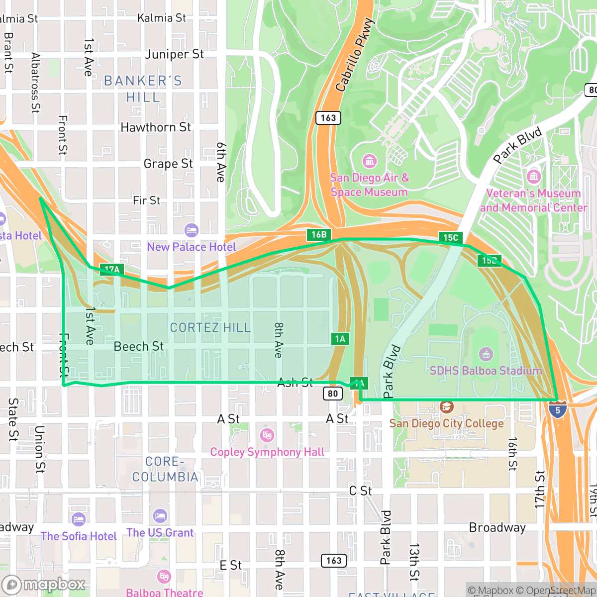 Map showing the location of Cortez Hill, San Diego, CA
