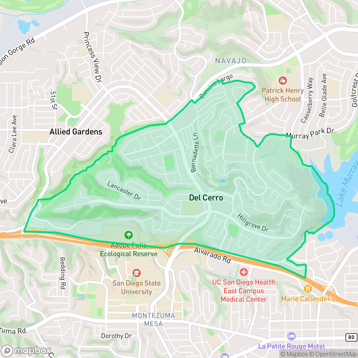 Map showing the location of Del Cerro, San Diego, CA