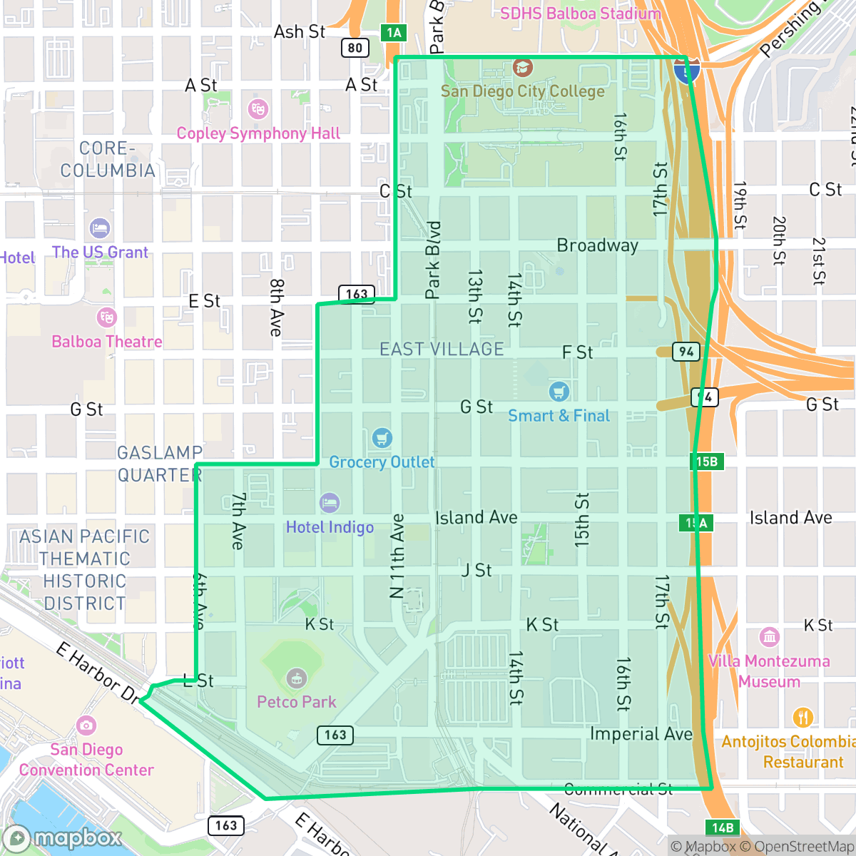 Map showing the location of East Village, San Diego, CA