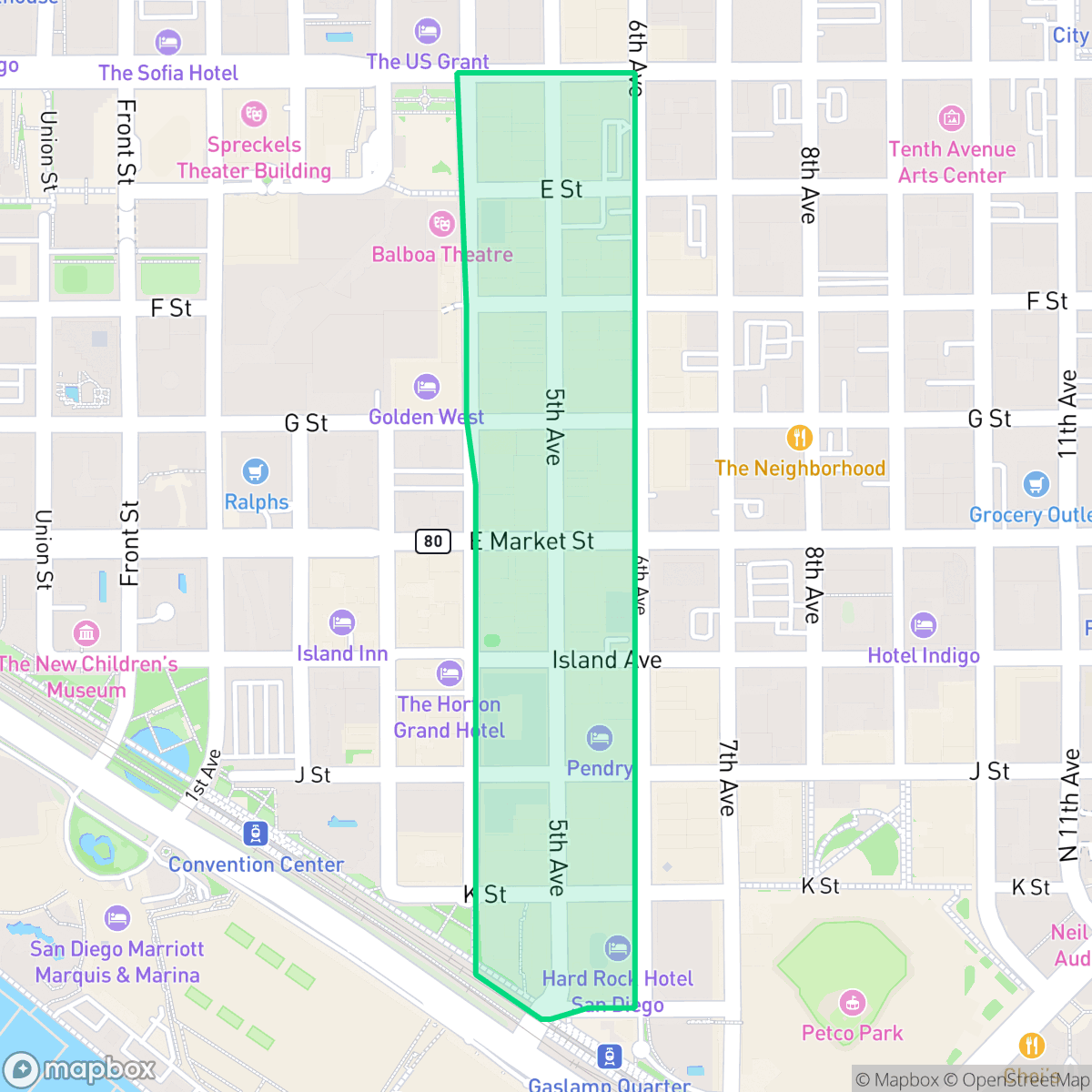 Map showing the location of Gaslamp Quarter, San Diego, CA