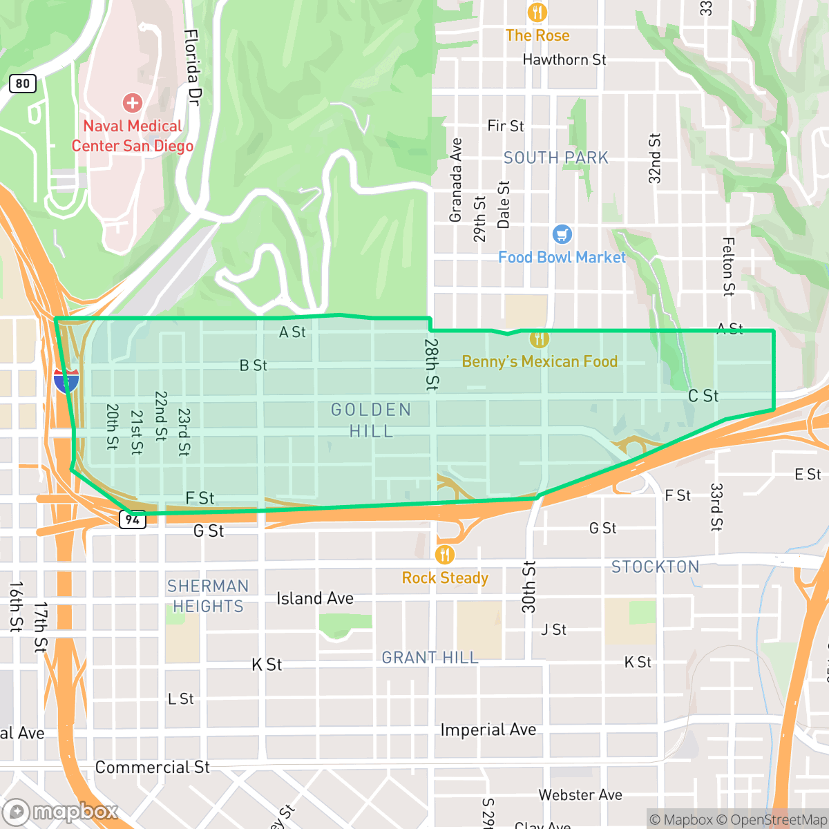 Map showing the location of Golden Hill, San Diego, CA