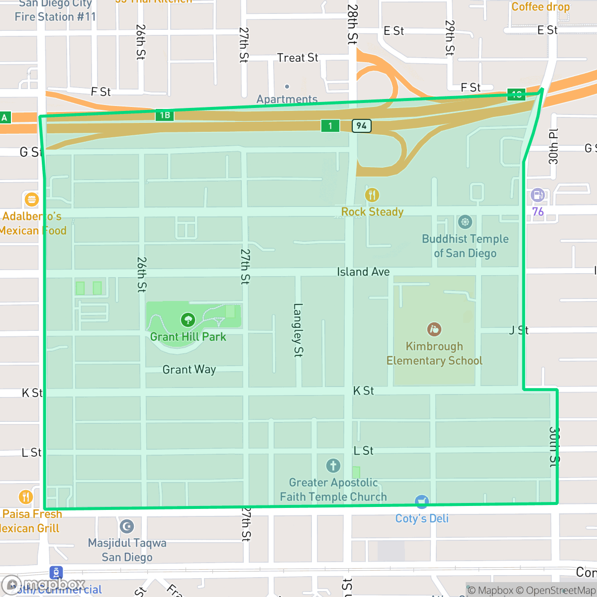 Map showing the location of Grant Hill, San Diego, CA