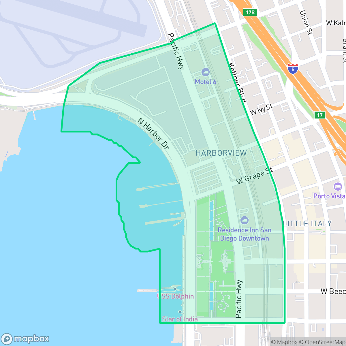 Map showing the location of Harborview, San Diego, CA