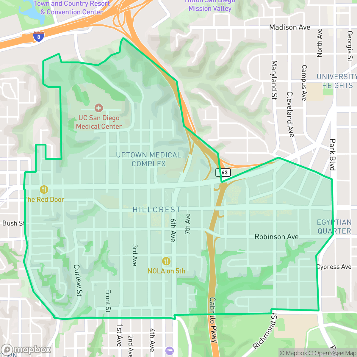 Map showing the location of Hillcrest, San Diego, CA