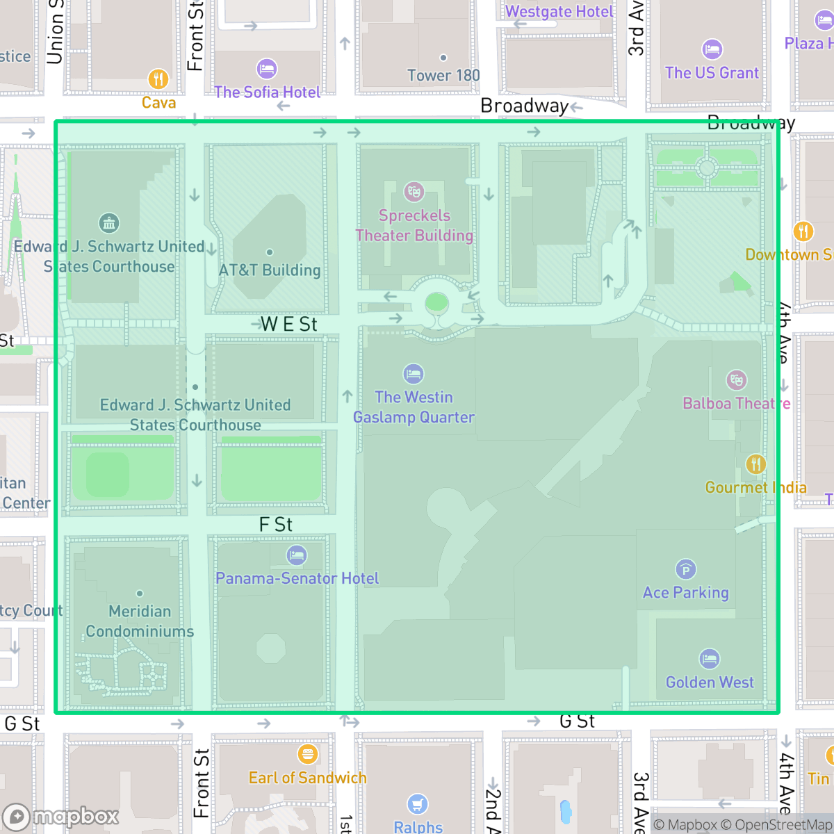 Map showing the location of Horton Plaza, San Diego, CA