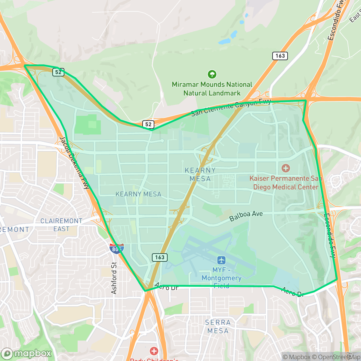 Map showing the location of Kearny Mesa, San Diego, CA