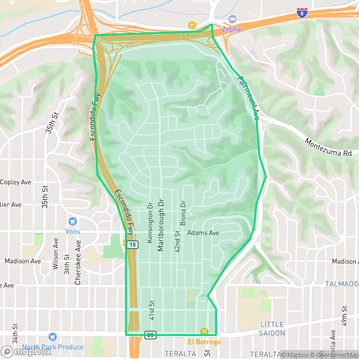 Map showing the location of Kensington, San Diego, CA