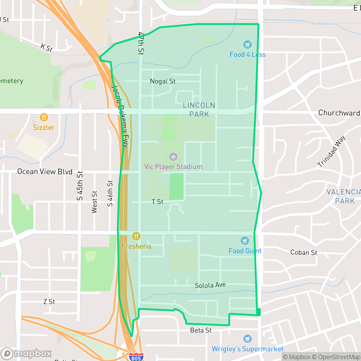 Map showing the location of Lincoln Park, San Diego, CA