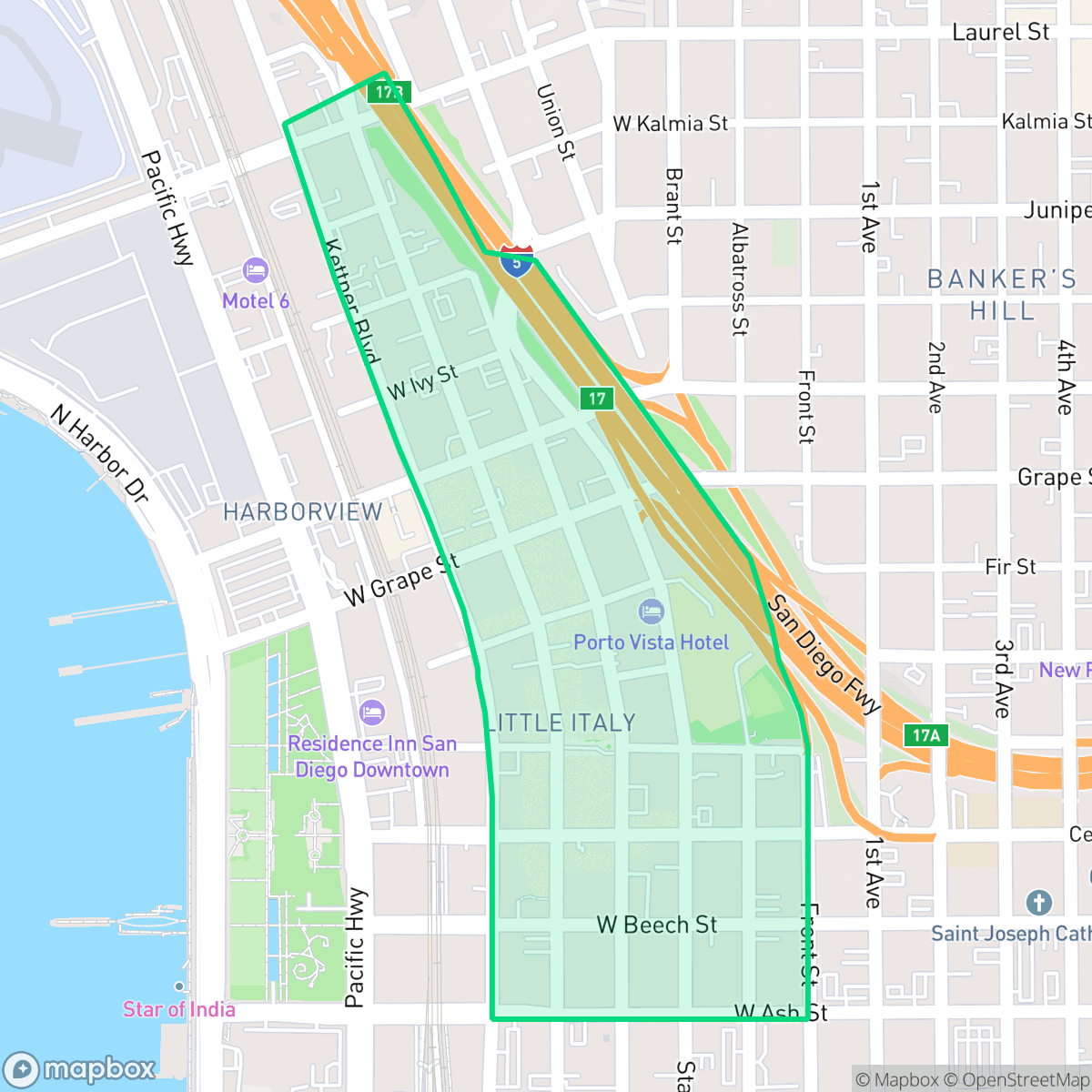 Map showing the location of Little Italy, San Diego, CA