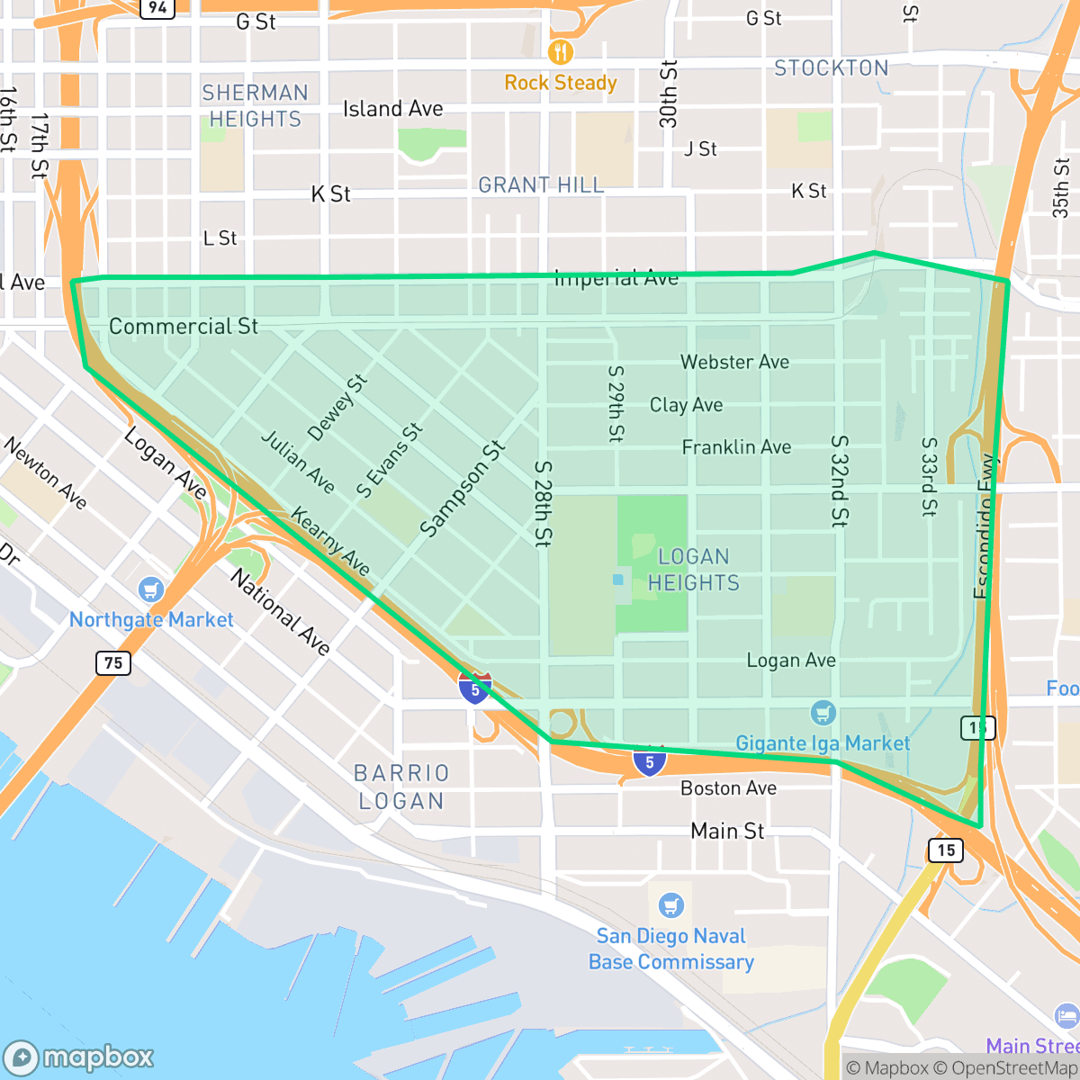 Map showing the location of Logan Heights, San Diego, CA