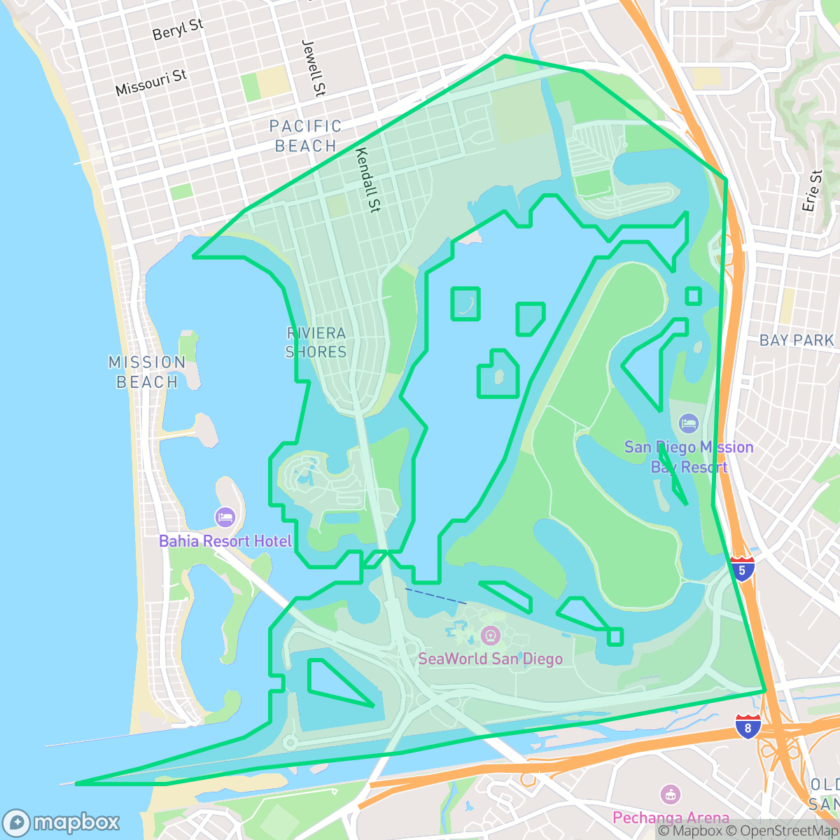 Map showing the location of Mission Bay Park, San Diego, CA