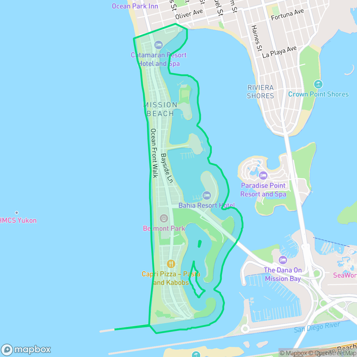 Map showing the location of Mission Beach, San Diego, CA
