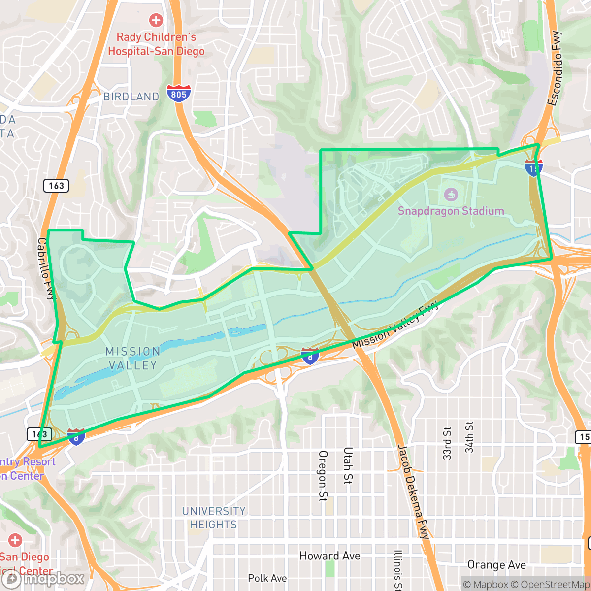Map showing the location of Mission Valley East, San Diego, CA