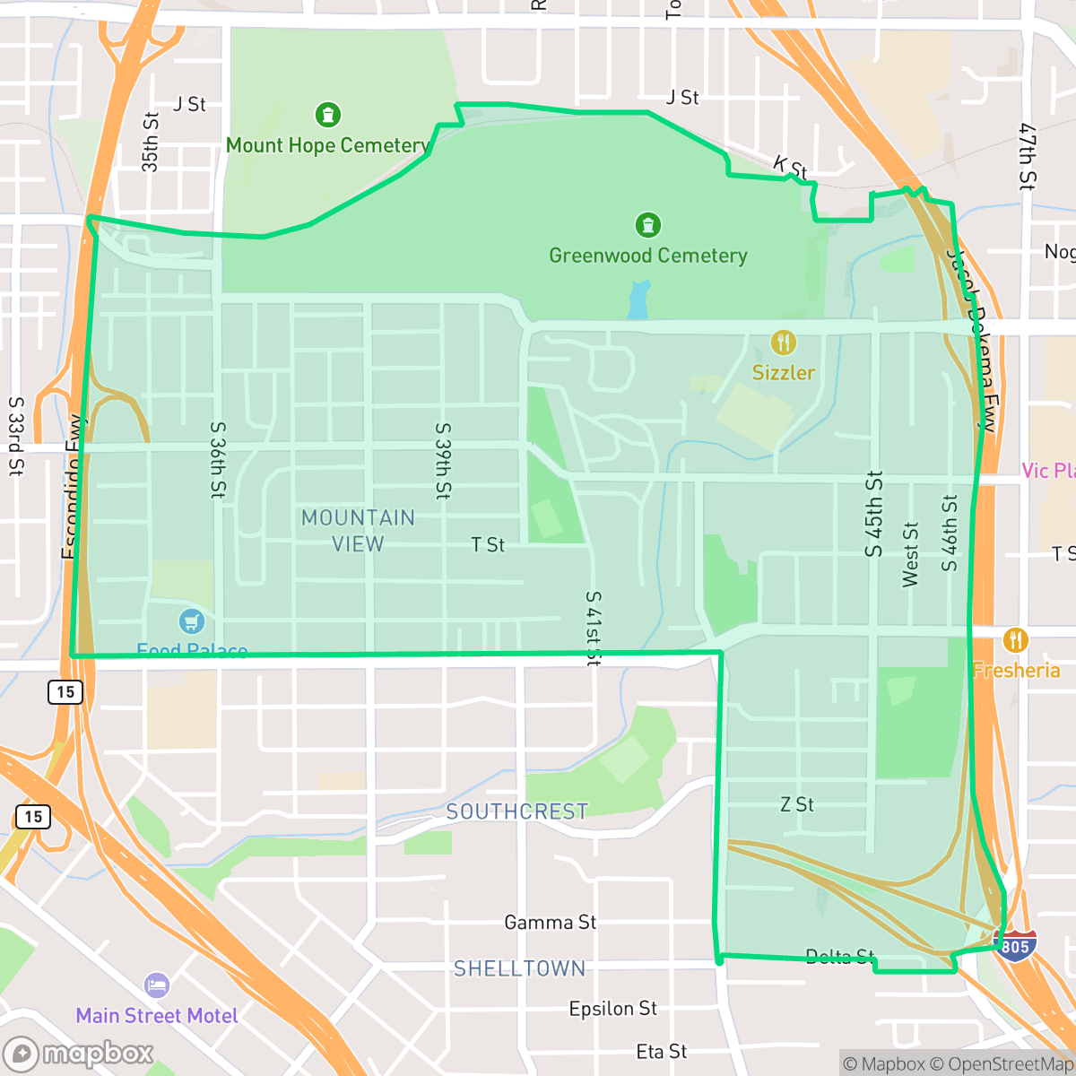 Map showing the location of Mountain View, San Diego, CA