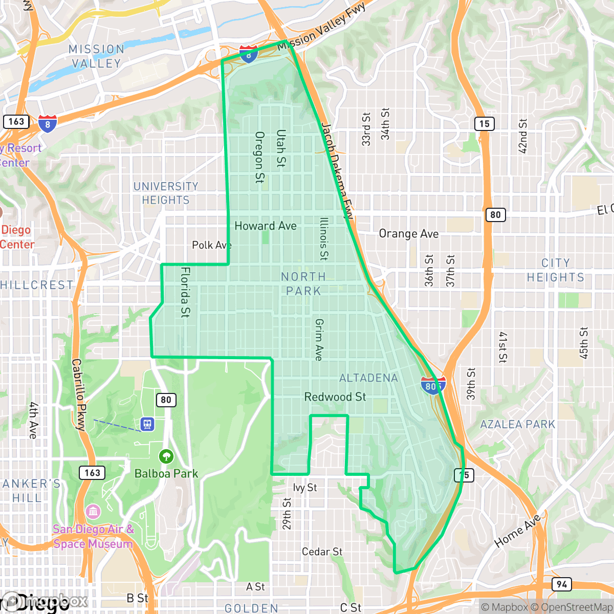 Map showing the location of North Park, San Diego, CA