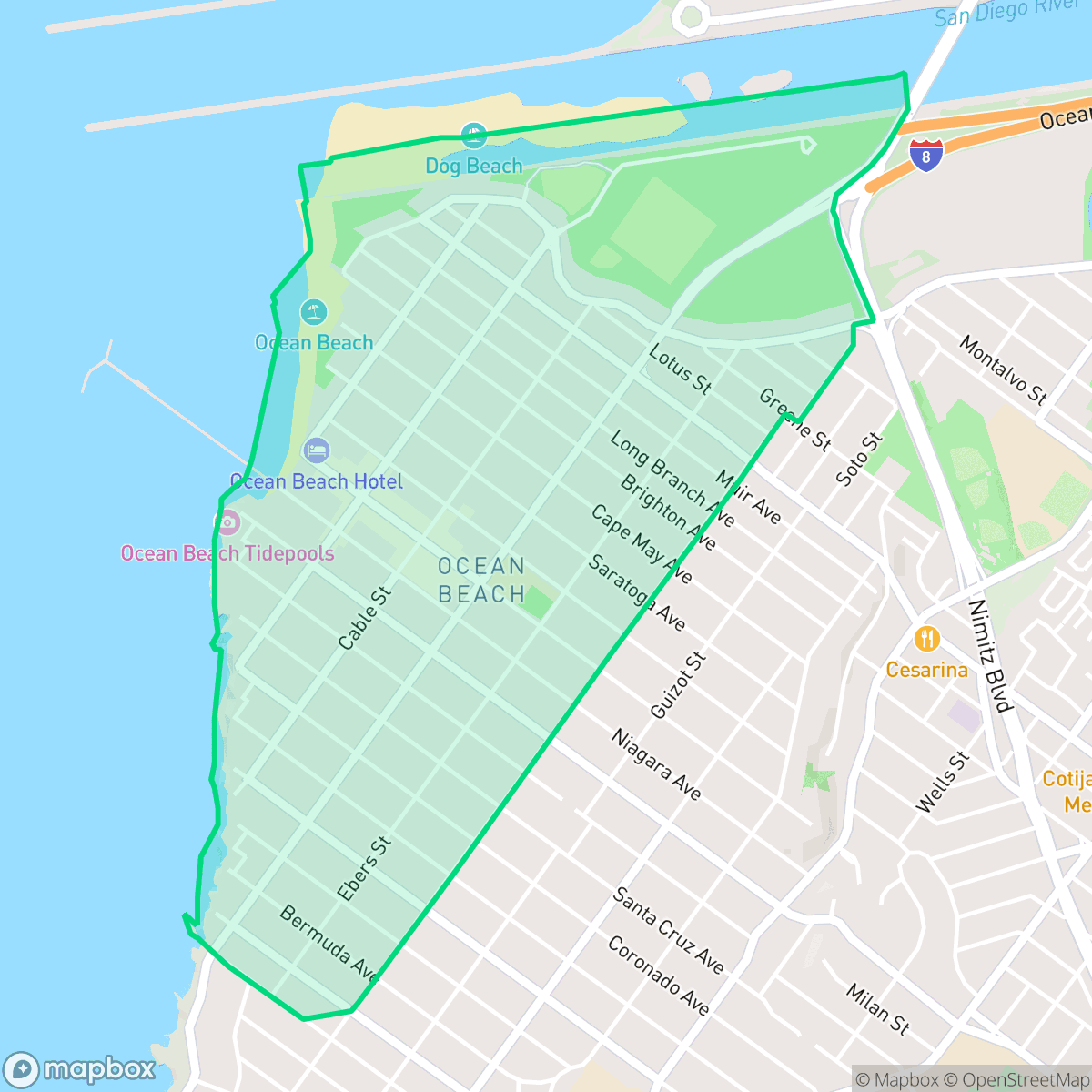 Map showing the location of Ocean Beach, San Diego, CA