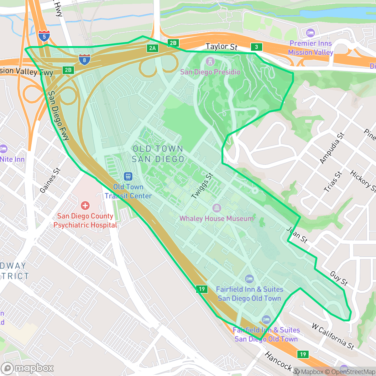 Map showing the location of Old Town, San Diego, CA