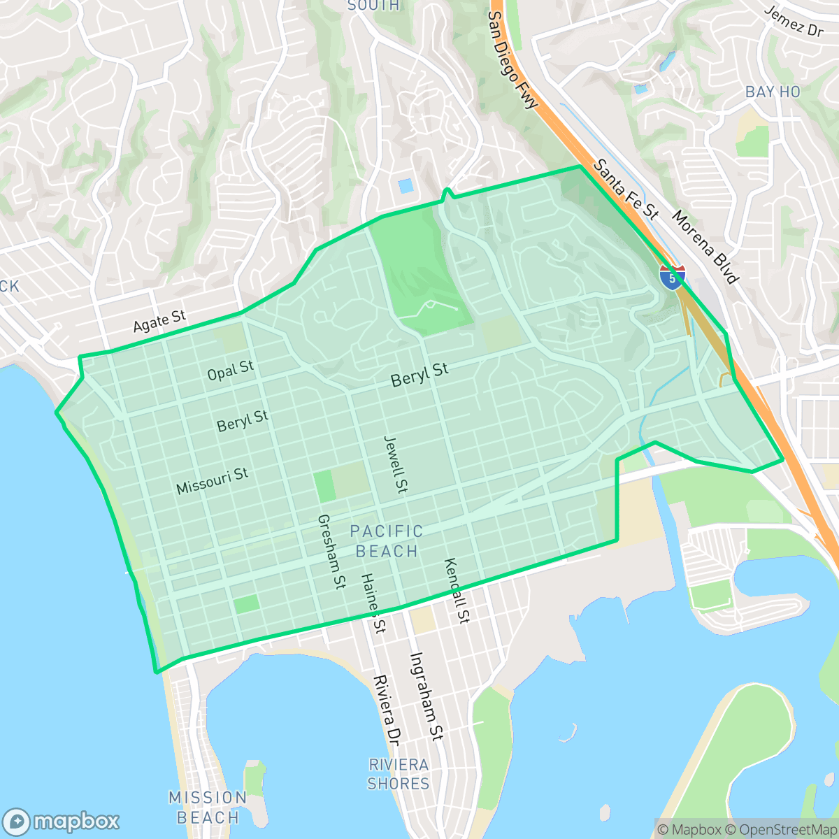 Map showing the location of Pacific Beach, San Diego, CA