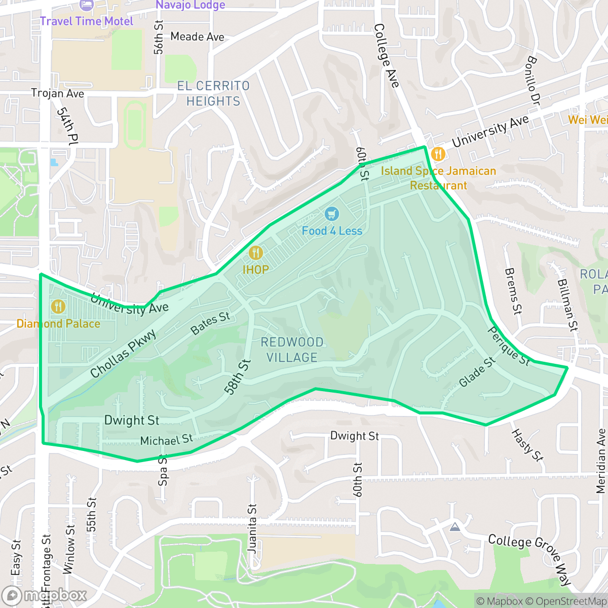 Map showing the location of Redwood Village, San Diego, CA
