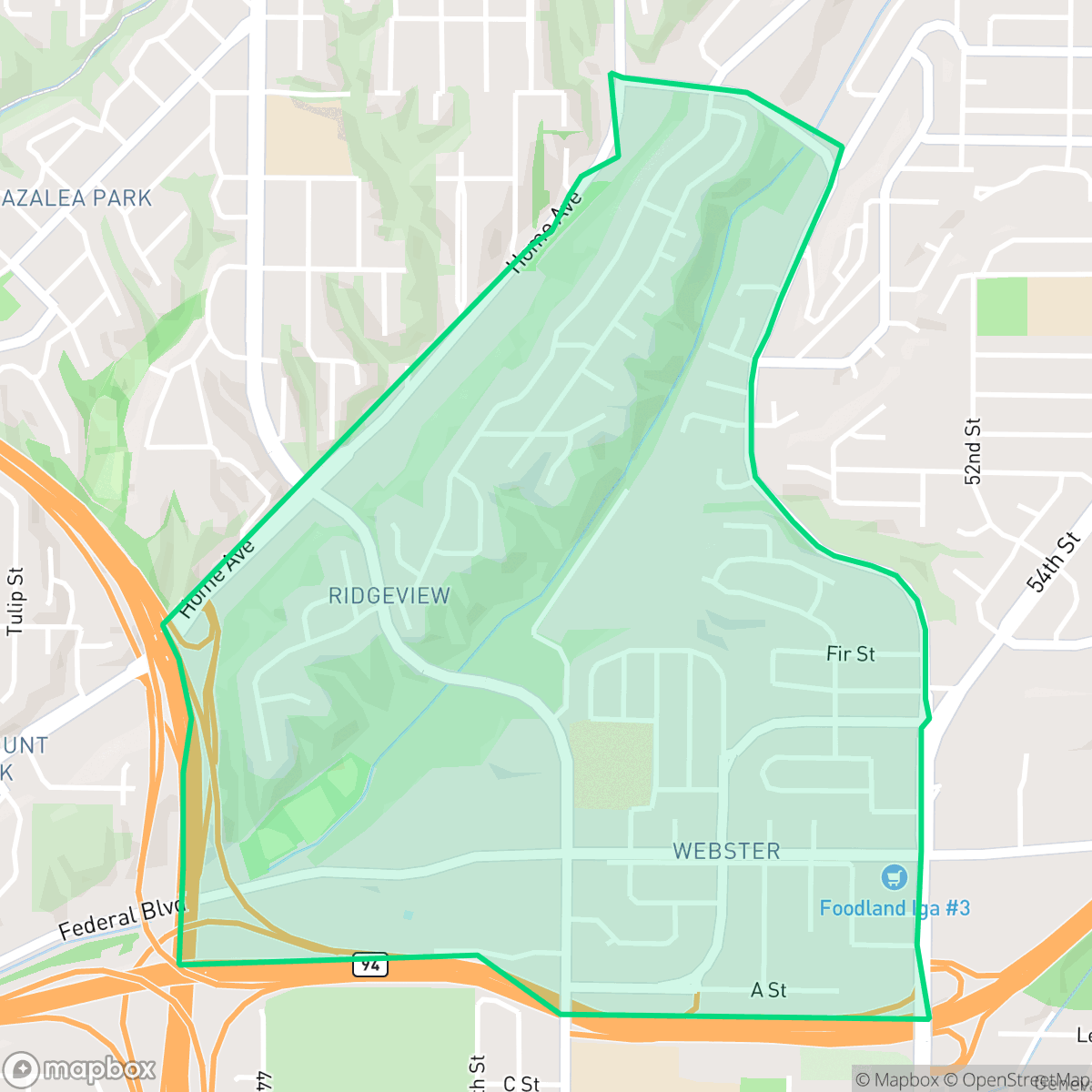 Map showing the location of Ridgeview-Webster, San Diego, CA