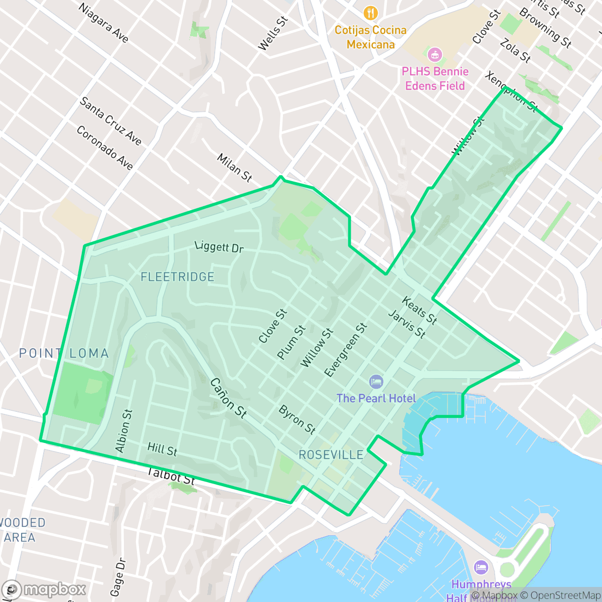 Map showing the location of Roseville - Fleet Ridge, San Diego, CA